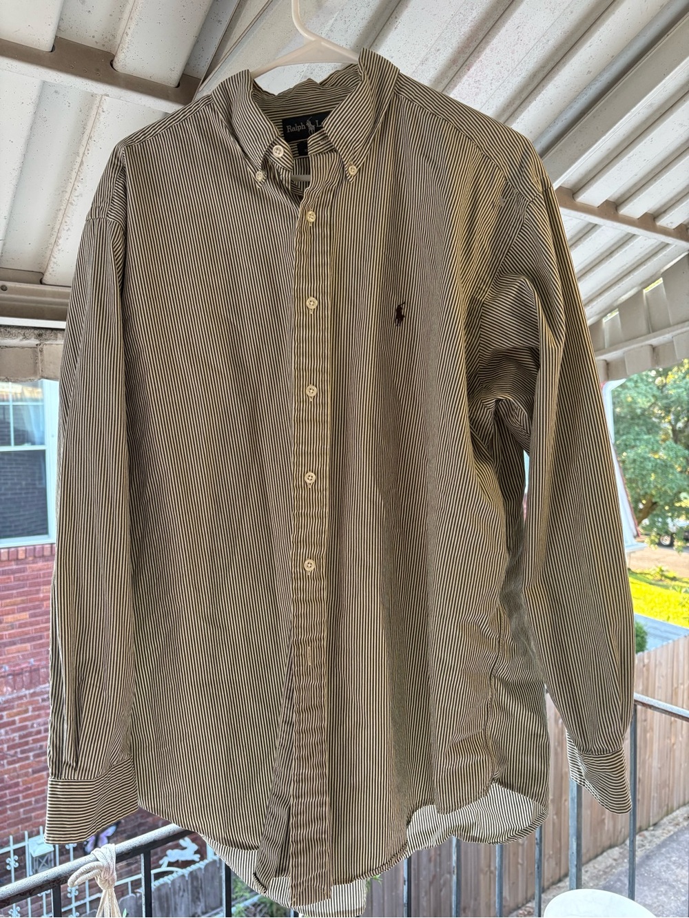 Ralph Lauren Men's Green Striped Button- Olive and Cream Size Large